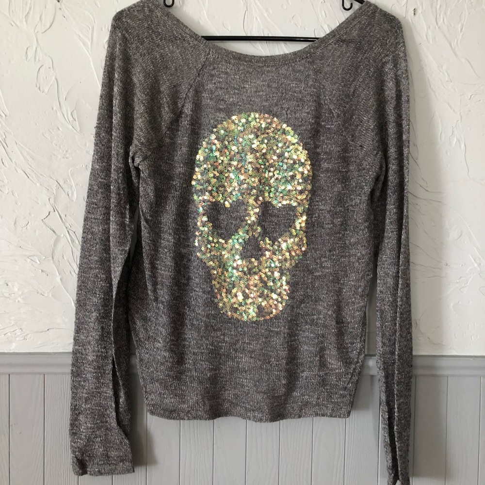 Knit low back long sleeve sequin skull VS PINK XS